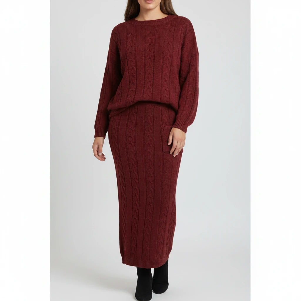 Ensemble chandail femme
Automne et hiver deux
Ensemble de pièces Hauts pull en tricot à col en O pour femmes et ensemble jupe en tricot Ensemble de robe chaude décontractée uni