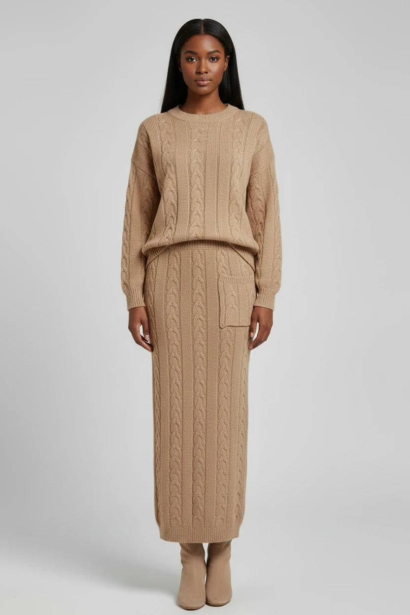 Ensemble chandail femme
Automne et hiver deux
Ensemble de pièces Hauts pull en tricot à col en O pour femmes et ensemble jupe en tricot Ensemble de robe chaude décontractée uni
