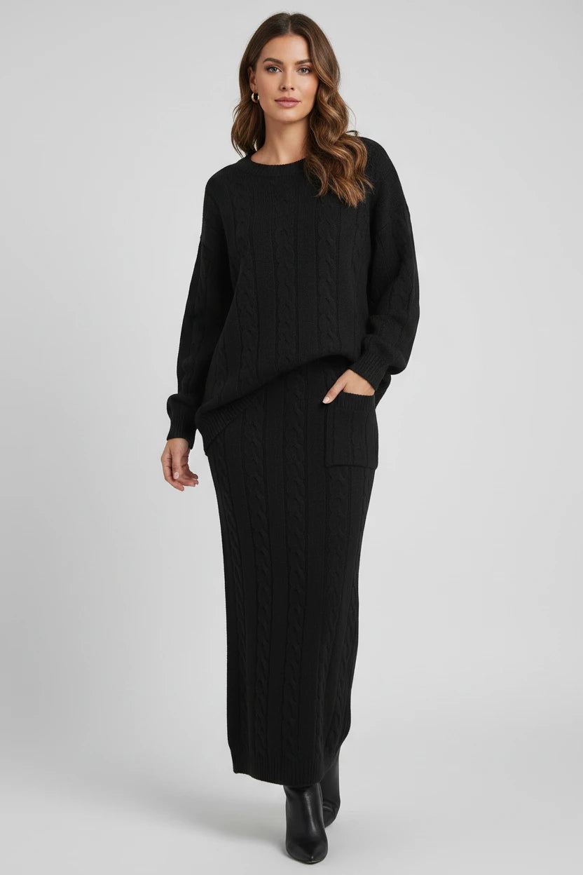 Ensemble chandail femme
Automne et hiver deux
Ensemble de pièces Hauts pull en tricot à col en O pour femmes et ensemble jupe en tricot Ensemble de robe chaude décontractée uni