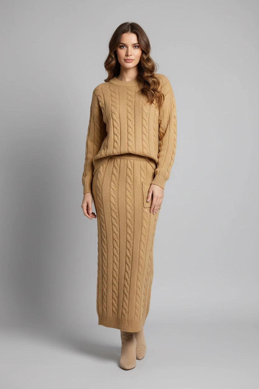 Ensemble chandail femme
Automne et hiver deux
Ensemble de pièces Hauts pull en tricot à col en O pour femmes et ensemble jupe en tricot Ensemble de robe chaude décontractée uni