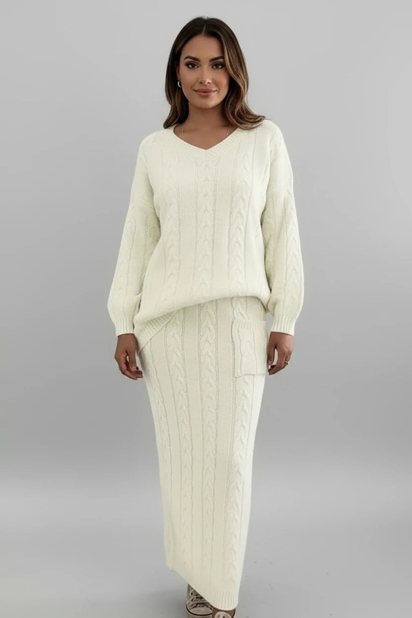 Ensemble chandail femme
Automne et hiver deux
Ensemble de pièces Hauts pull en tricot à col en O pour femmes et ensemble jupe en tricot Ensemble de robe chaude décontractée uni