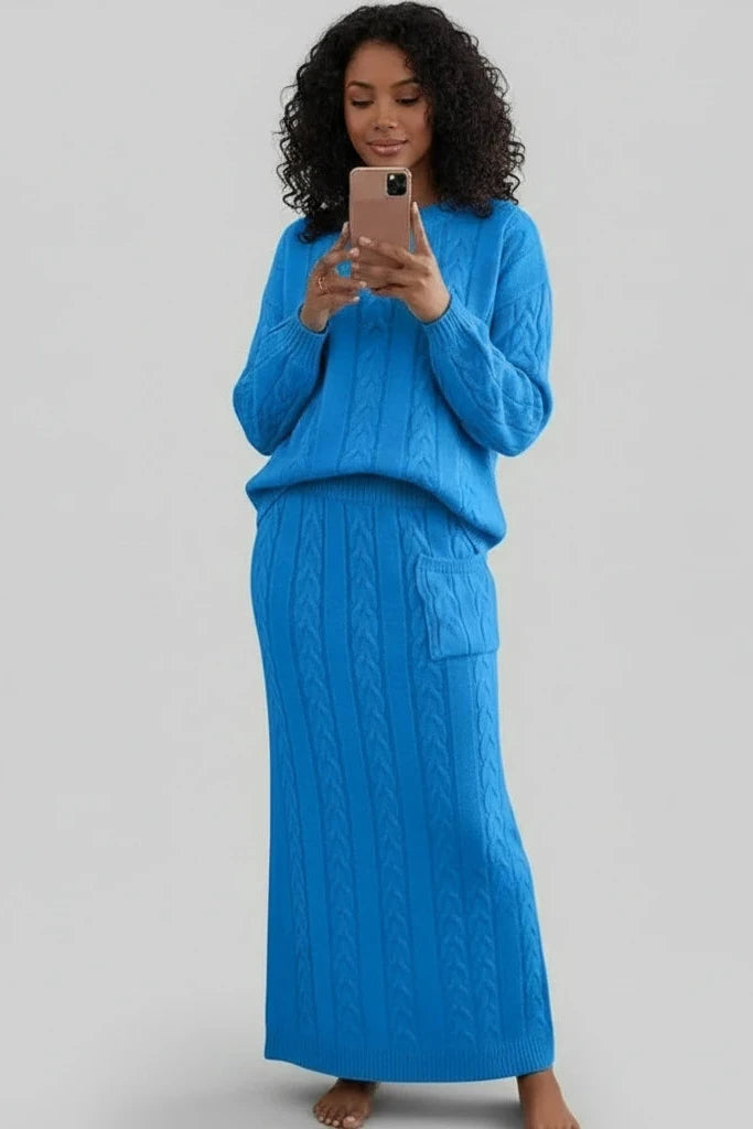 Ensemble chandail femme
Automne et hiver deux
Ensemble de pièces Hauts pull en tricot à col en O pour femmes et ensemble jupe en tricot Ensemble de robe chaude décontractée uni