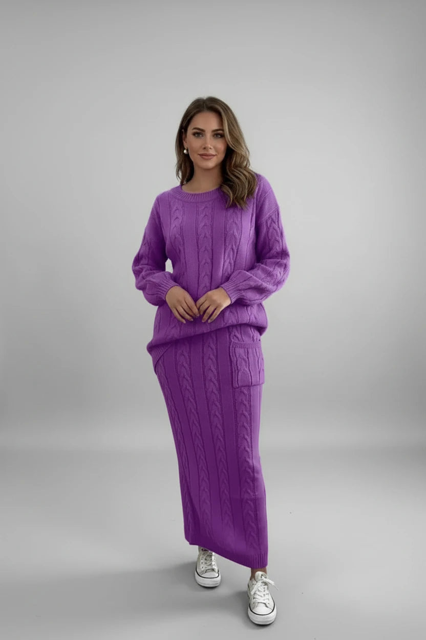 Ensemble chandail femme
Automne et hiver deux
Ensemble de pièces Hauts pull en tricot à col en O pour femmes et ensemble jupe en tricot Ensemble de robe chaude décontractée uni