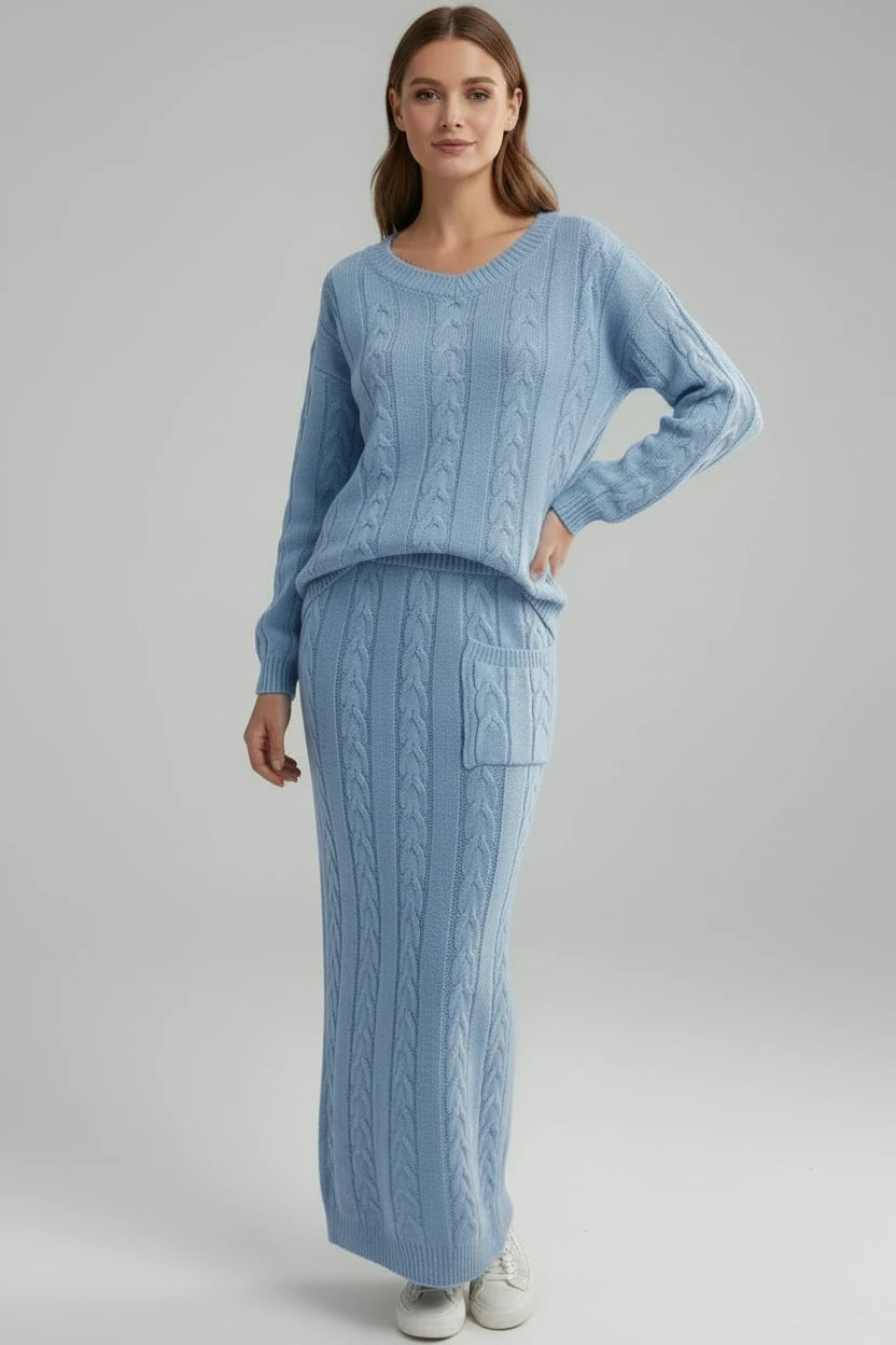 Ensemble chandail femme
Automne et hiver deux
Ensemble de pièces Hauts pull en tricot à col en O pour femmes et ensemble jupe en tricot Ensemble de robe chaude décontractée uni