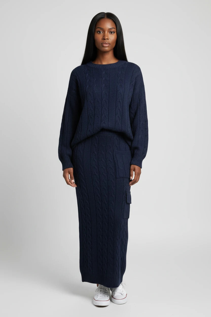 Ensemble chandail femme
Automne et hiver deux
Ensemble de pièces Hauts pull en tricot à col en O pour femmes et ensemble jupe en tricot Ensemble de robe chaude décontractée uni