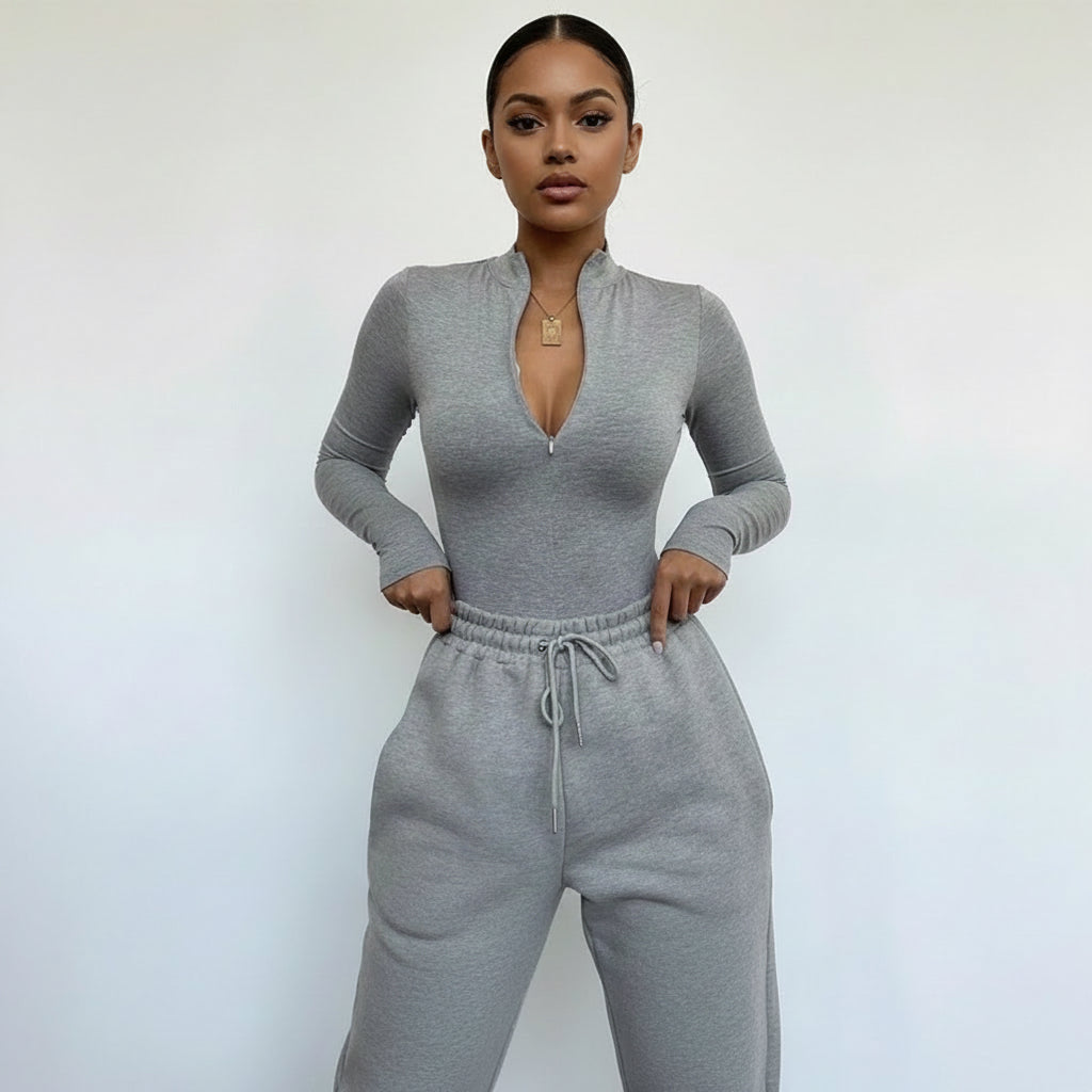 Women'S Sexy Bodysuit Long Sleeve Top 2021 Winter Warm Bodies for Women O-Neck Zip up Skinny Bodysuits Black Gray White Green