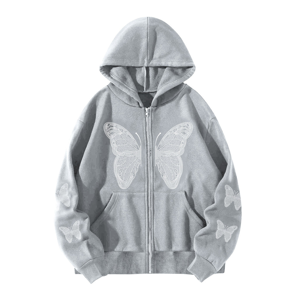 2022 cross-border autumn and winter European and American Y2K butterfly print large size loose pocket hooded zipper men's and women's sweater jacket