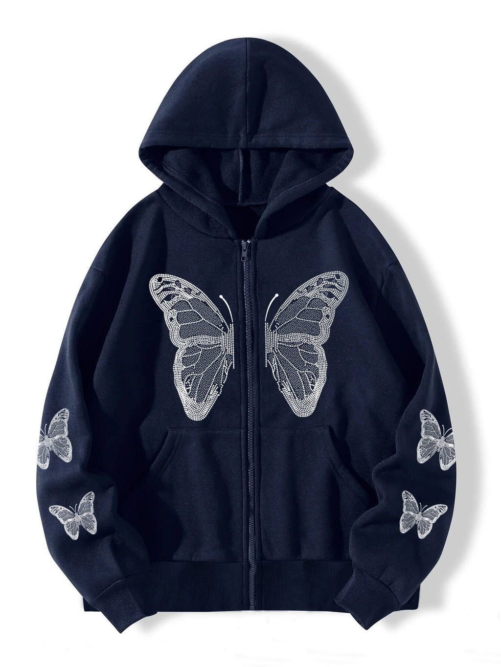 2022 cross-border autumn and winter European and American Y2K butterfly print large size loose pocket hooded zipper men's and women's sweater jacket