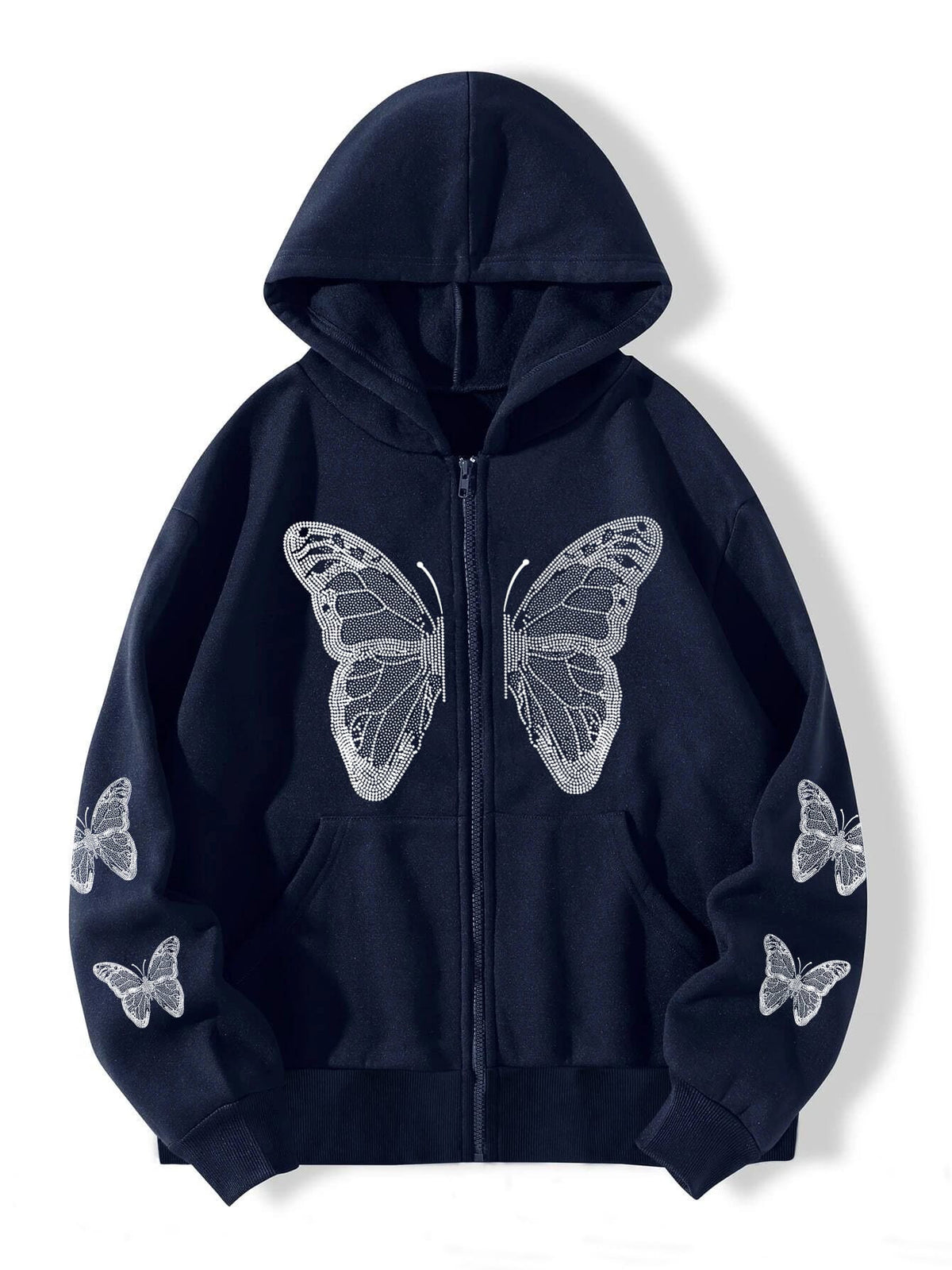 2022 cross-border autumn and winter European and American Y2K butterfly print large size loose pocket hooded zipper men's and women's sweater jacket