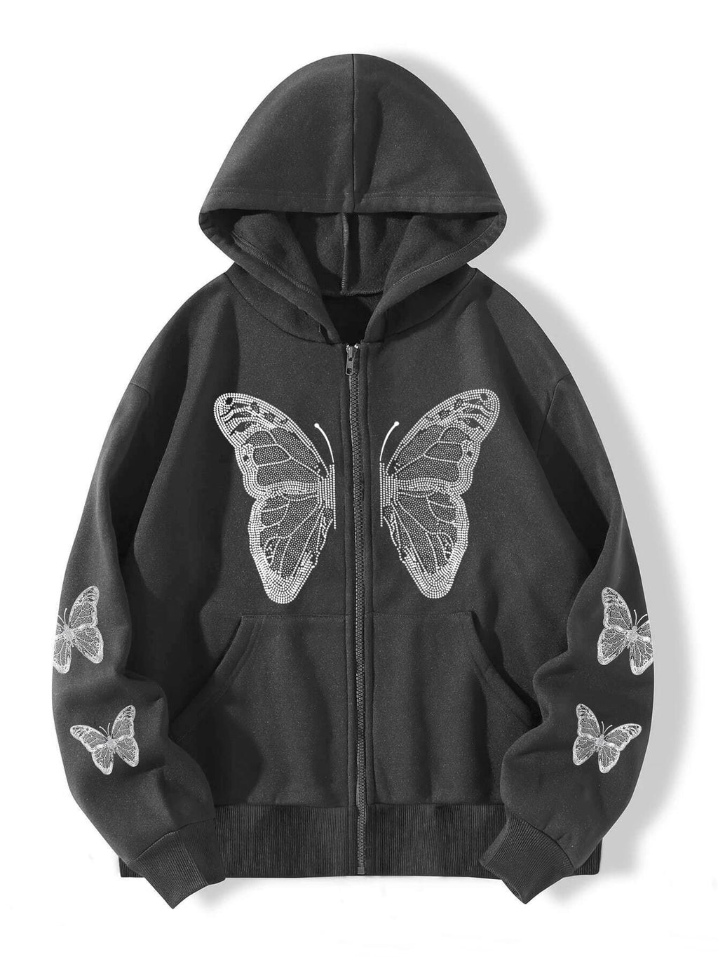 2022 cross-border autumn and winter European and American Y2K butterfly print large size loose pocket hooded zipper men's and women's sweater jacket