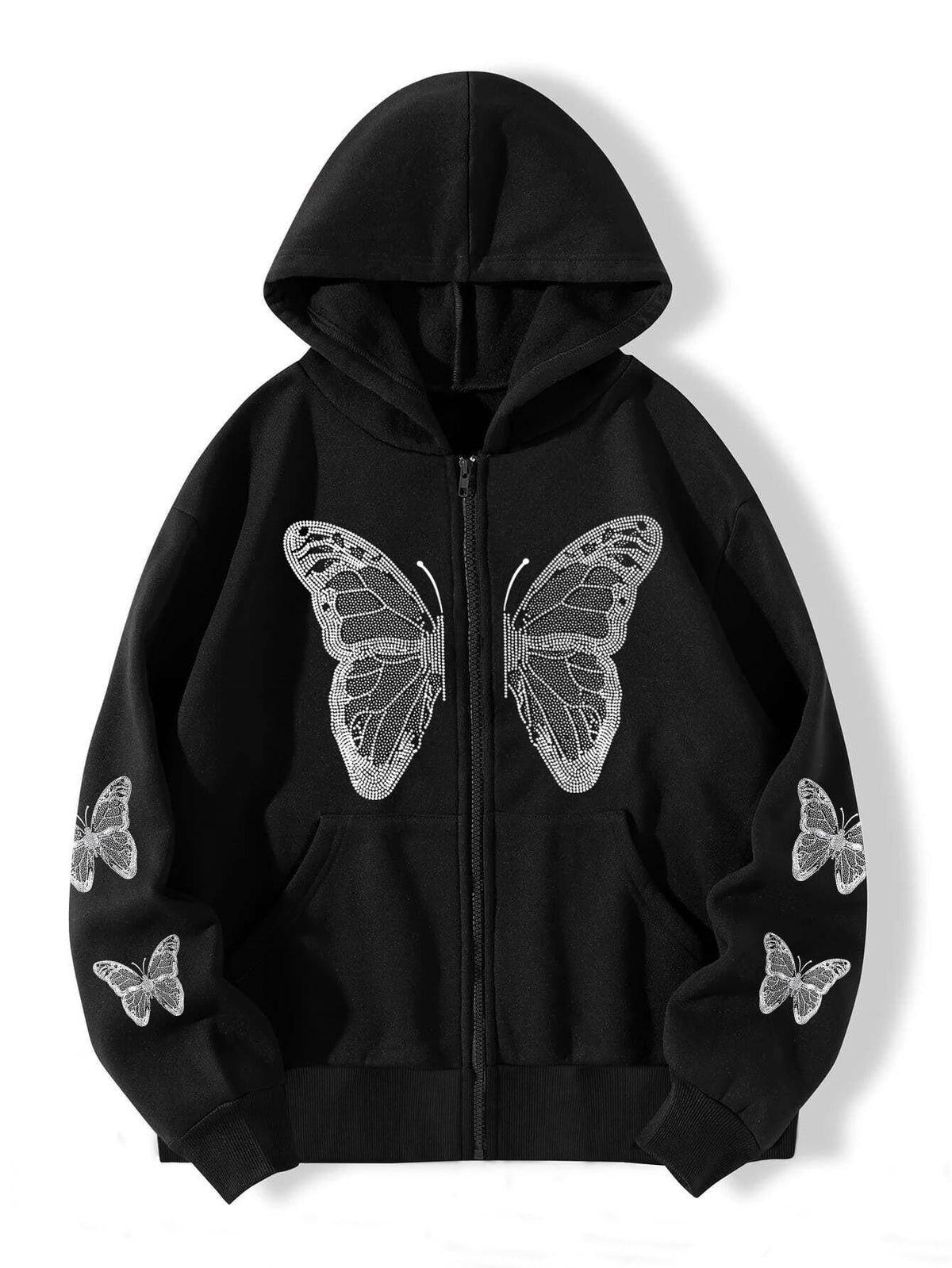 2022 cross-border autumn and winter European and American Y2K butterfly print large size loose pocket hooded zipper men's and women's sweater jacket