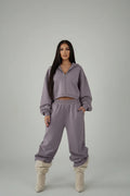 Ensemble de survêtement tricoté 2 pièces pour femme – Sweat-shirt court à capuche avec fermeture éclair et pantalon taille haute à jambes larges – Tenue décontractée ample pour l’automne 2026