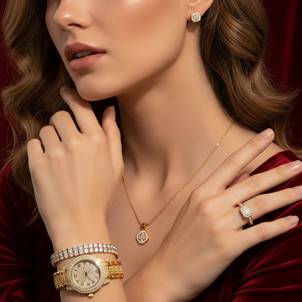 Montre femme de luxe dorée, montre-bracelet élégante à quartz avec diamants, bracelet tendance pour femme, ensemble de montres pour femme