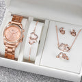 Lot de 6 pièces - Montre pour femme, mode, strass, bracelet en acier inoxydable, montre à quartz, ensemble de bijoux double cœur (sans boîte)