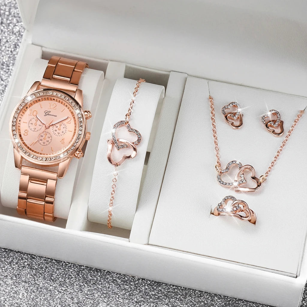 Lot de 6 pièces - Montre pour femme, mode, strass, bracelet en acier inoxydable, montre à quartz, ensemble de bijoux double cœur (sans boîte)