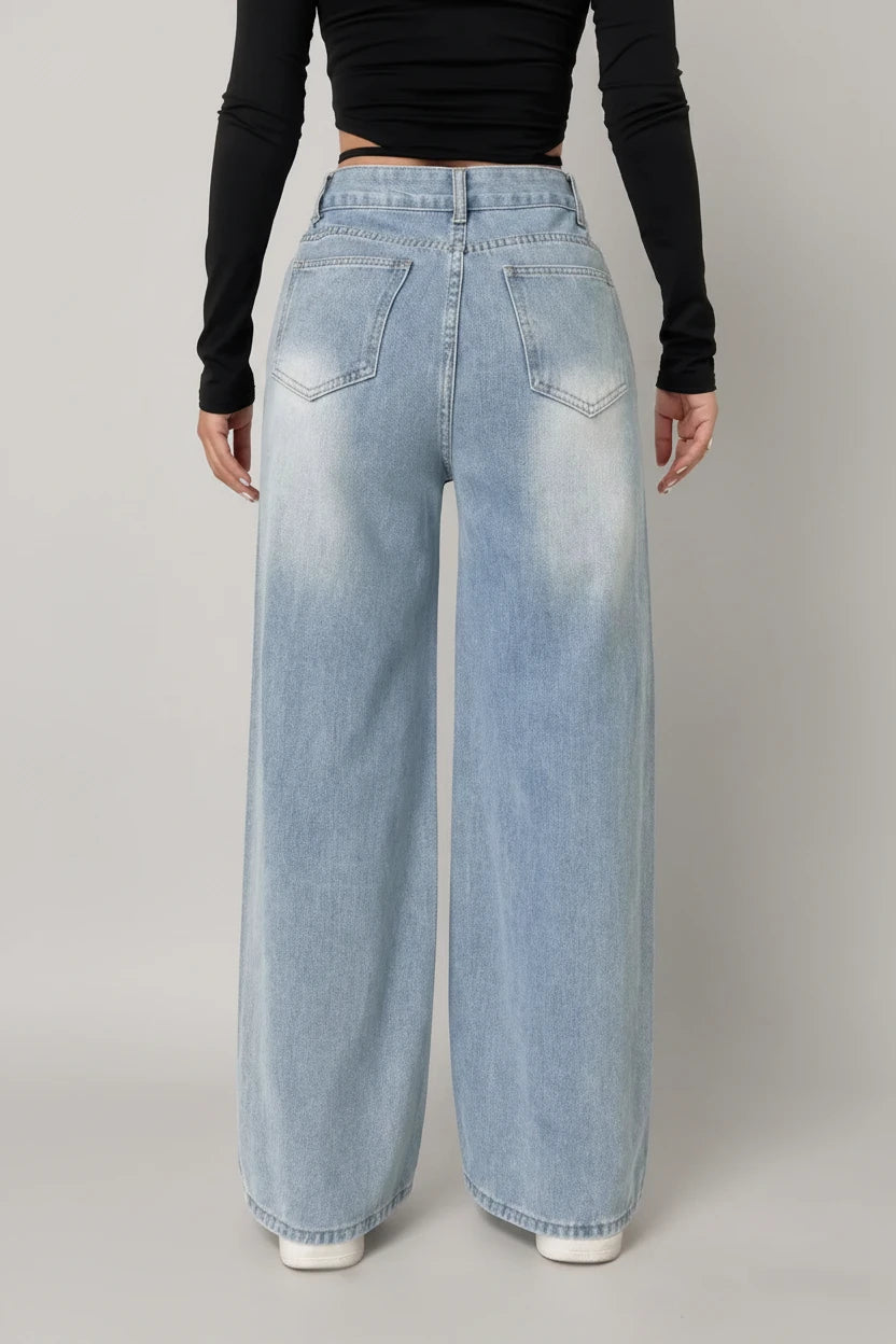 Jean pour femme – Style Y2K, pantalon en denim bleu clair à jambes larges, coupe ample et tendance, modèle simple, non extensible, adapté à toutes les saisons, style décontracté et populaire.
