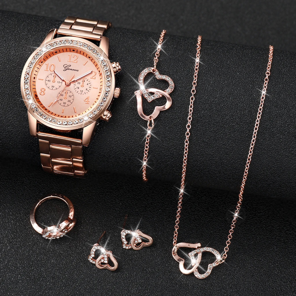 Lot de 6 pièces - Montre pour femme, mode, strass, bracelet en acier inoxydable, montre à quartz, ensemble de bijoux double cœur (sans boîte)