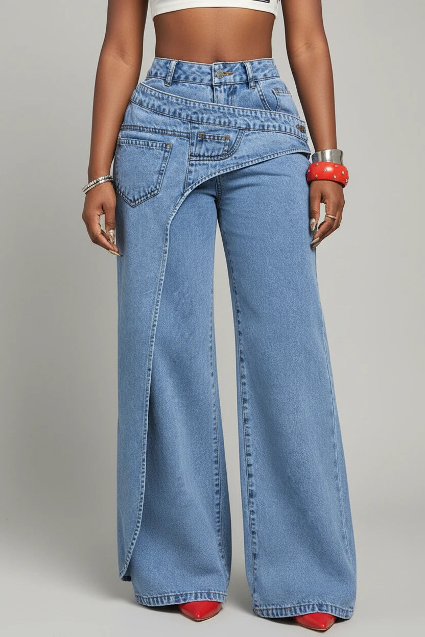 Benuynffy – Jean femme taille mi-haute 2-en-1, style streetwear tendance, inspiration vintage américaine et Y2K, polyvalent, décontracté, coupe ample et jambes larges en denim.