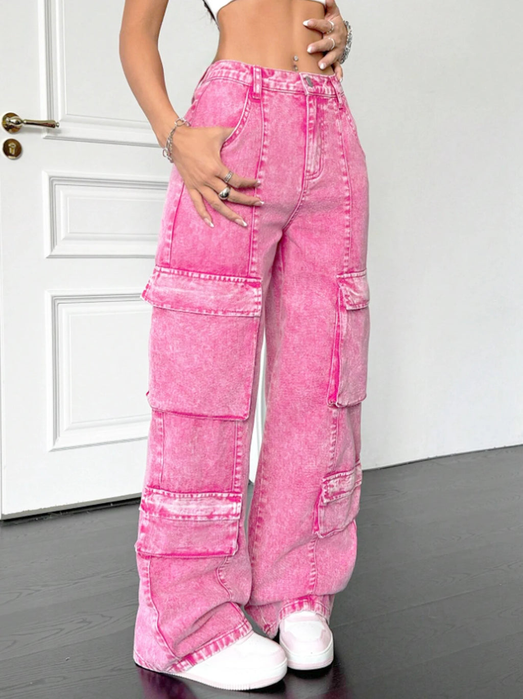 Jean rose en coton pour femme, coupe large et ample, multi-poches, style Y2K, jean tendance