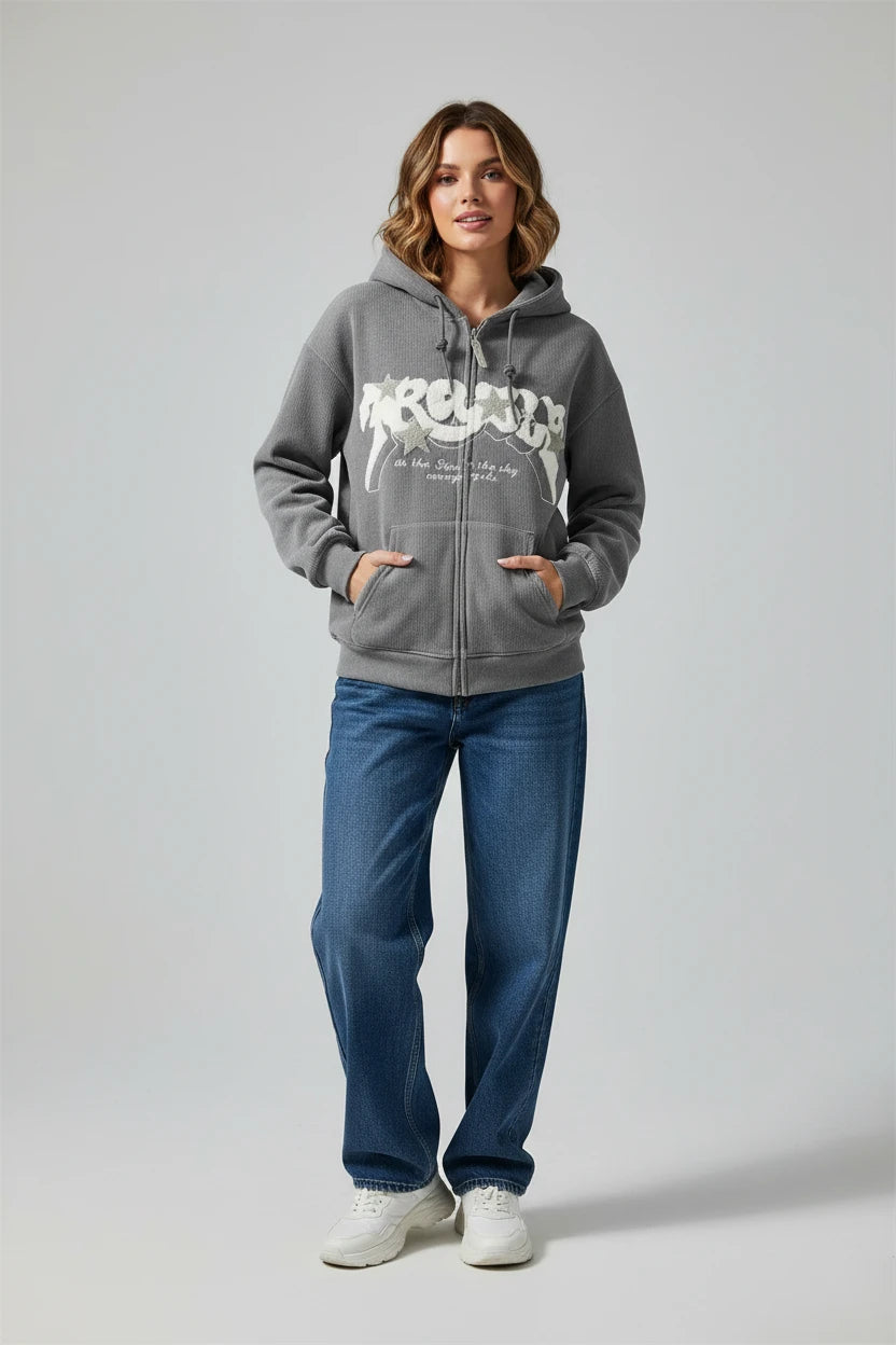 Sweat à capuche zippé brodé femme – Coupe ample, manches longues – Style Y2K Harajuku