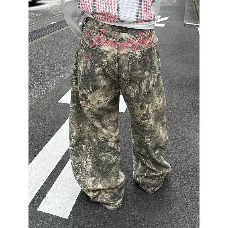 Jean femme ZHIZOU style gothique et baggy Y2K, inspiré de la mode américaine des années 2000, pantalon en jean avec broderies, style vintage Harajuku, coupe oversize et ample, idéal pour l’automne.