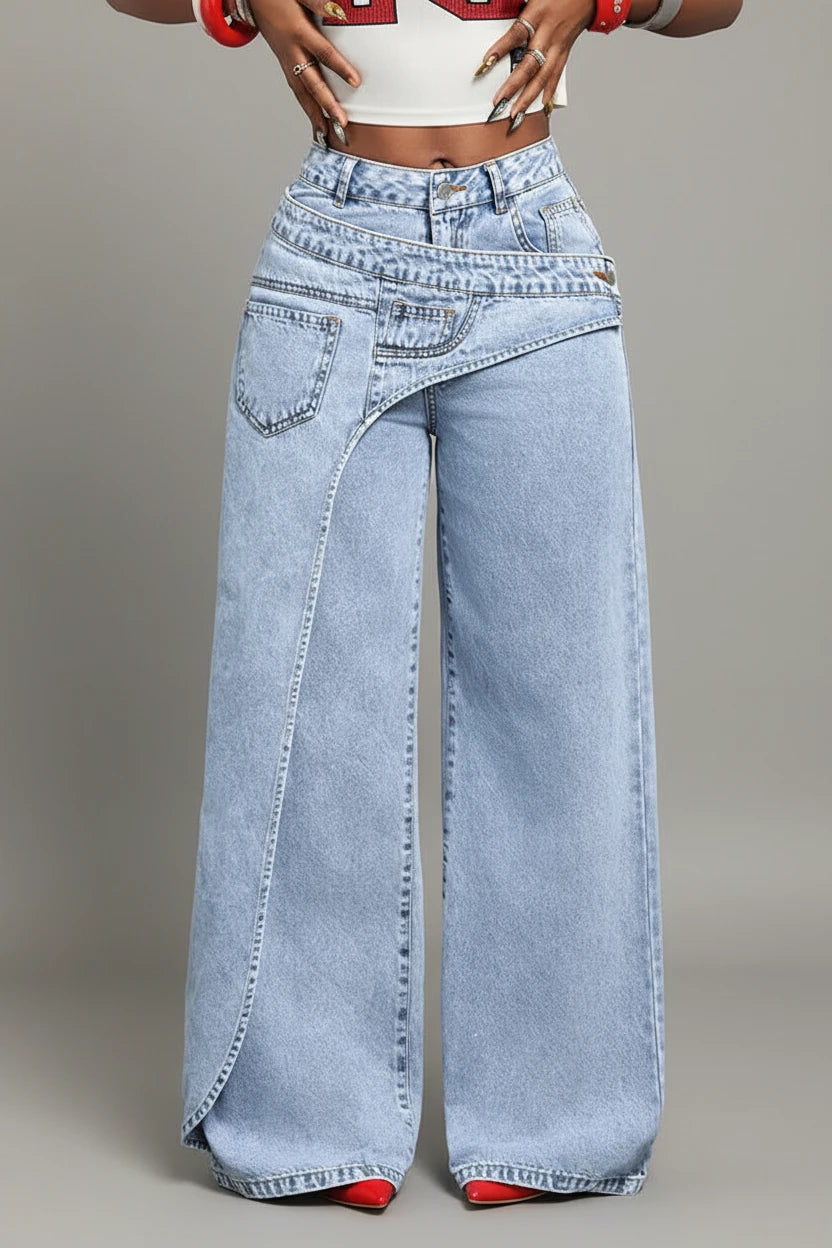 Benuynffy – Jean femme taille mi-haute 2-en-1, style streetwear tendance, inspiration vintage américaine et Y2K, polyvalent, décontracté, coupe ample et jambes larges en denim.