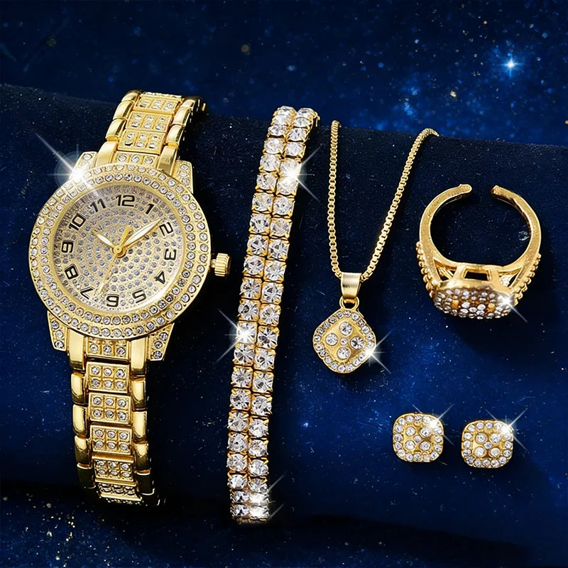 Montre femme de luxe dorée, montre-bracelet élégante à quartz avec diamants, bracelet tendance pour femme, ensemble de montres pour femme
