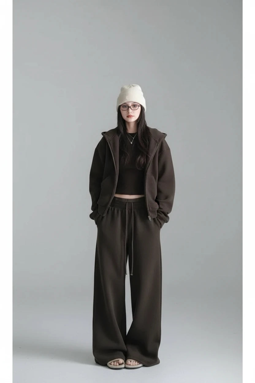 Ensemble jogging décontracté style américain pour femme, automne, coupe ample et rétro, veste à capuche et pantalon large, ensemble 2 pièces