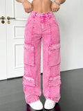 Jean rose en coton pour femme, coupe large et ample, multi-poches, style Y2K, jean tendance