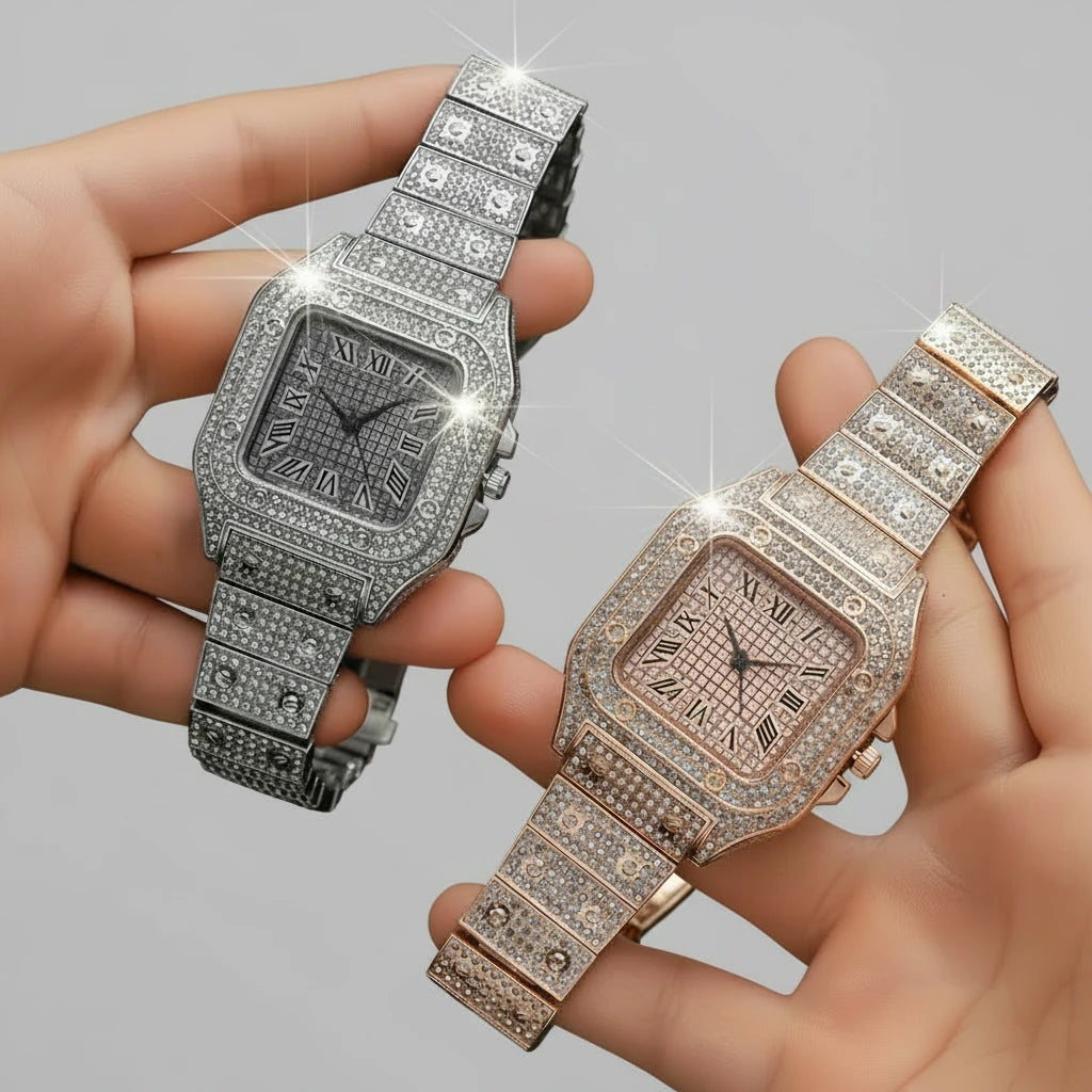 Montre Quartz Classique de Luxe pour Homme, Business, Bracelet Acier, Cadran Carré, Chiffres Romains, Strass, Montre-Bracelet Décontractée