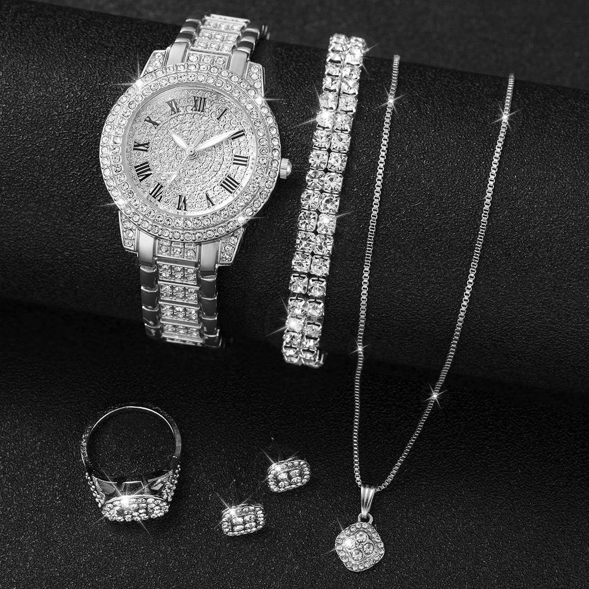 Ensemble de 6 montres pour femme, montre tendance avec bracelet en acier entièrement serti de diamants, affichage analogique à quartz, ensemble de bijoux (sans boîte)