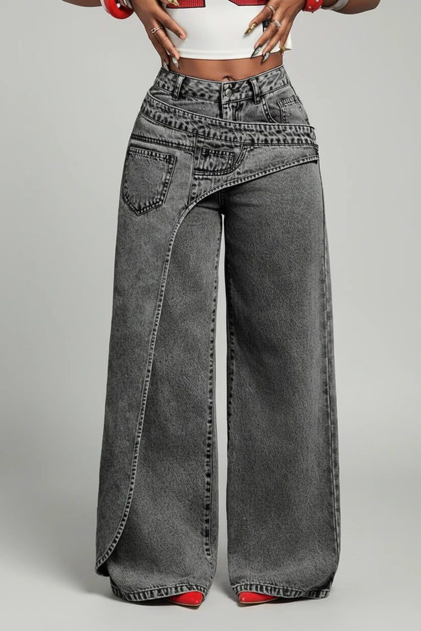 Benuynffy – Jean femme taille mi-haute 2-en-1, style streetwear tendance, inspiration vintage américaine et Y2K, polyvalent, décontracté, coupe ample et jambes larges en denim.