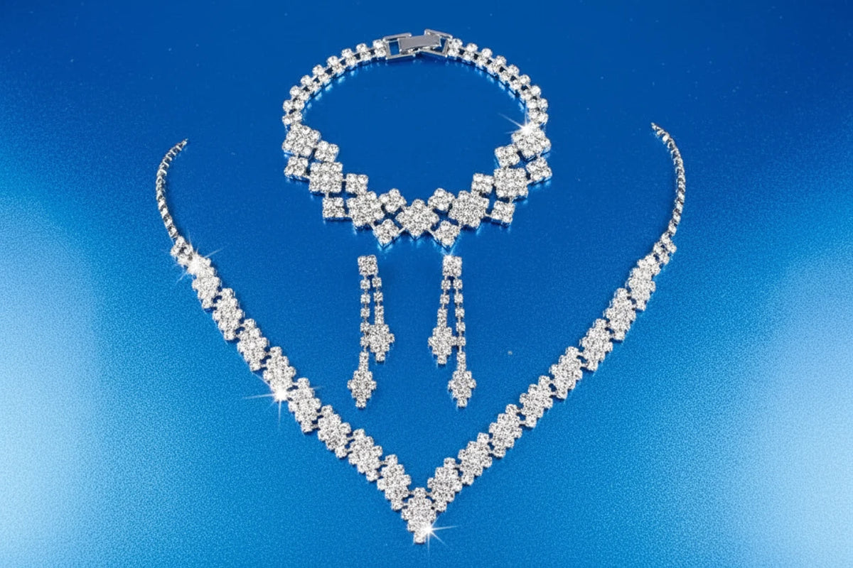 Ensemble boucles d'oreilles et collier pliables à pampilles, plaqué argent et strass, tendance - Cadeau bijoux de mariage, style mode
