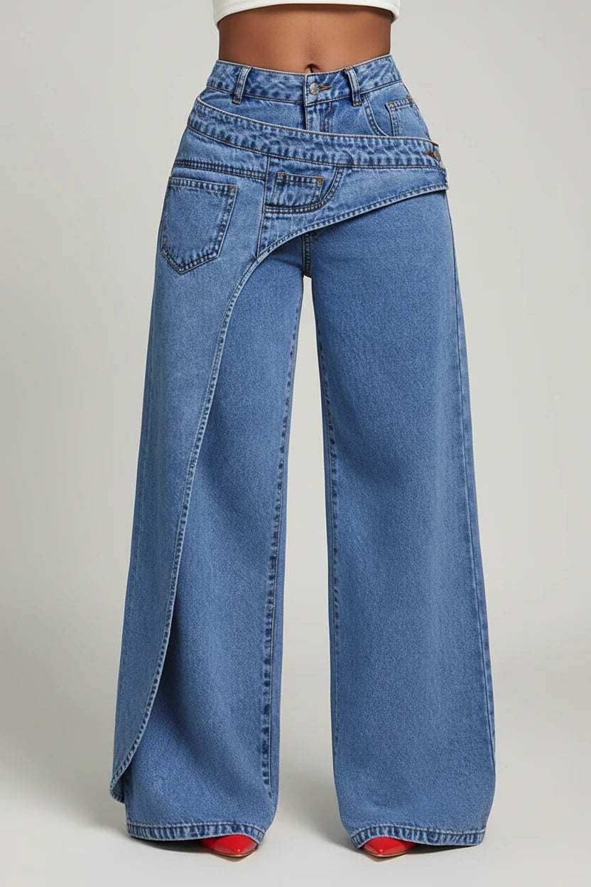 Benuynffy – Jean femme taille mi-haute 2-en-1, style streetwear tendance, inspiration vintage américaine et Y2K, polyvalent, décontracté, coupe ample et jambes larges en denim.