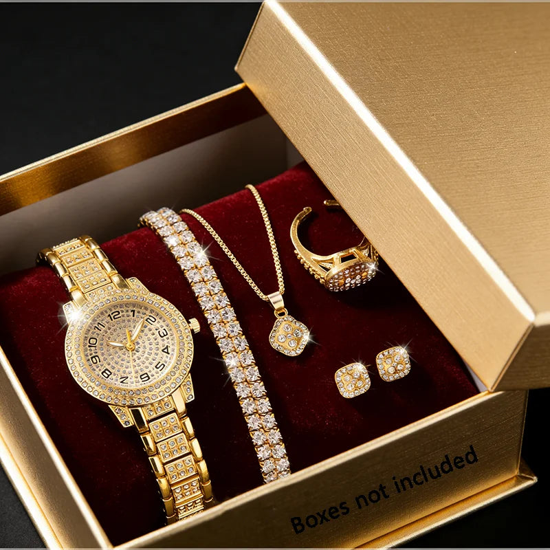 Montre femme de luxe dorée, montre-bracelet élégante à quartz avec diamants, bracelet tendance pour femme, ensemble de montres pour femme
