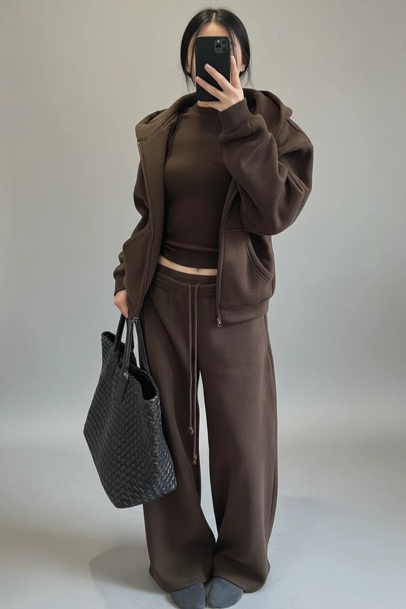 Ensemble jogging décontracté style américain pour femme, automne, coupe ample et rétro, veste à capuche et pantalon large, ensemble 2 pièces