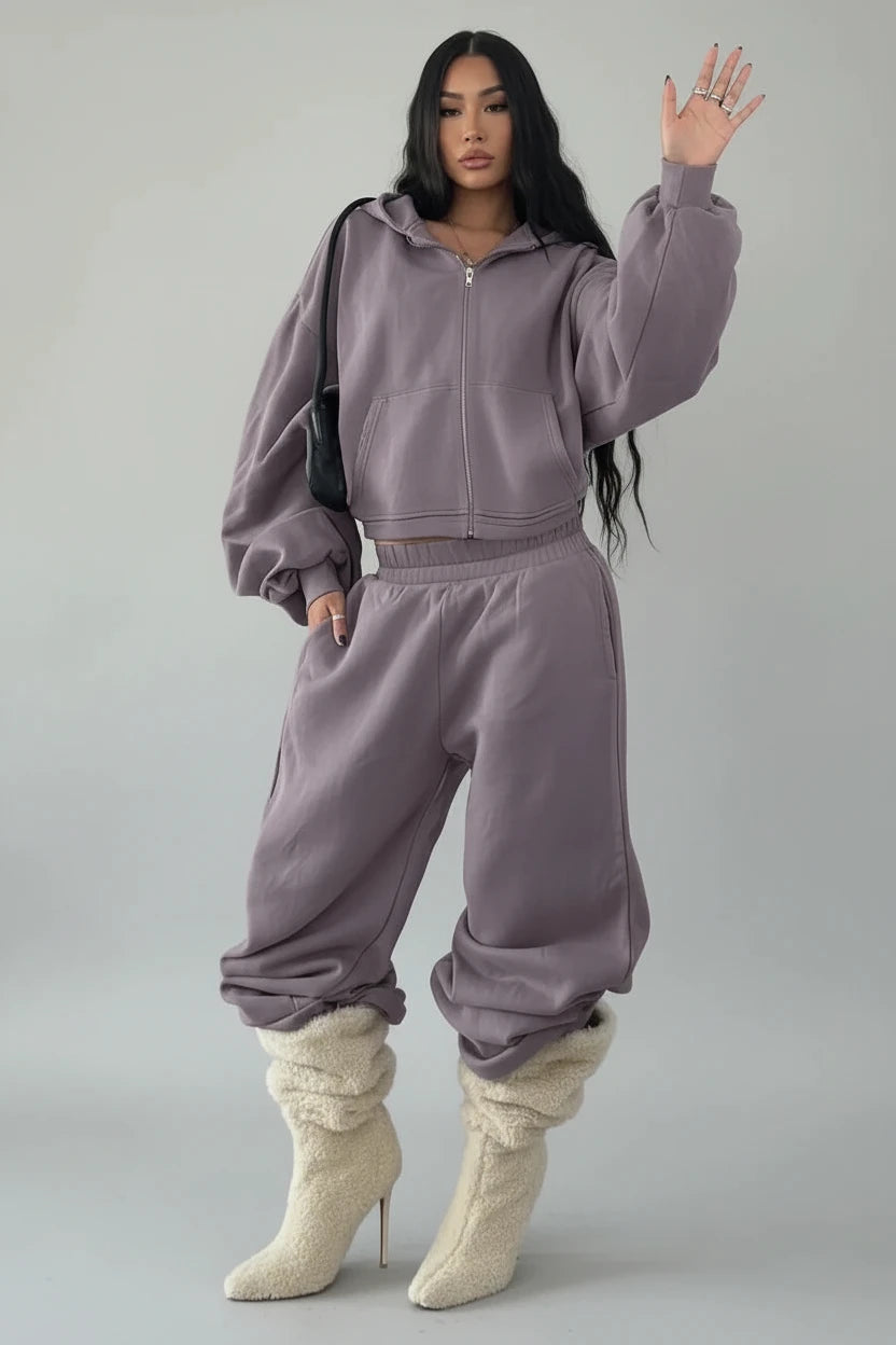 Ensemble de survêtement tricoté 2 pièces pour femme – Sweat-shirt court à capuche avec fermeture éclair et pantalon taille haute à jambes larges – Tenue décontractée ample pour l’automne 2026