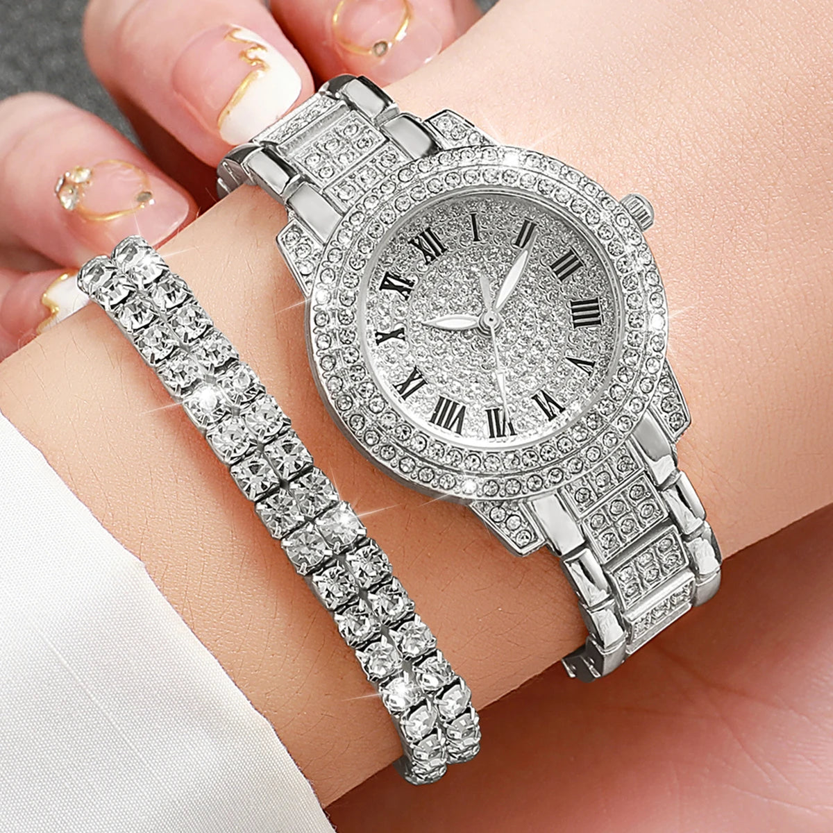 Ensemble de 6 montres pour femme, montre tendance avec bracelet en acier entièrement serti de diamants, affichage analogique à quartz, ensemble de bijoux (sans boîte)