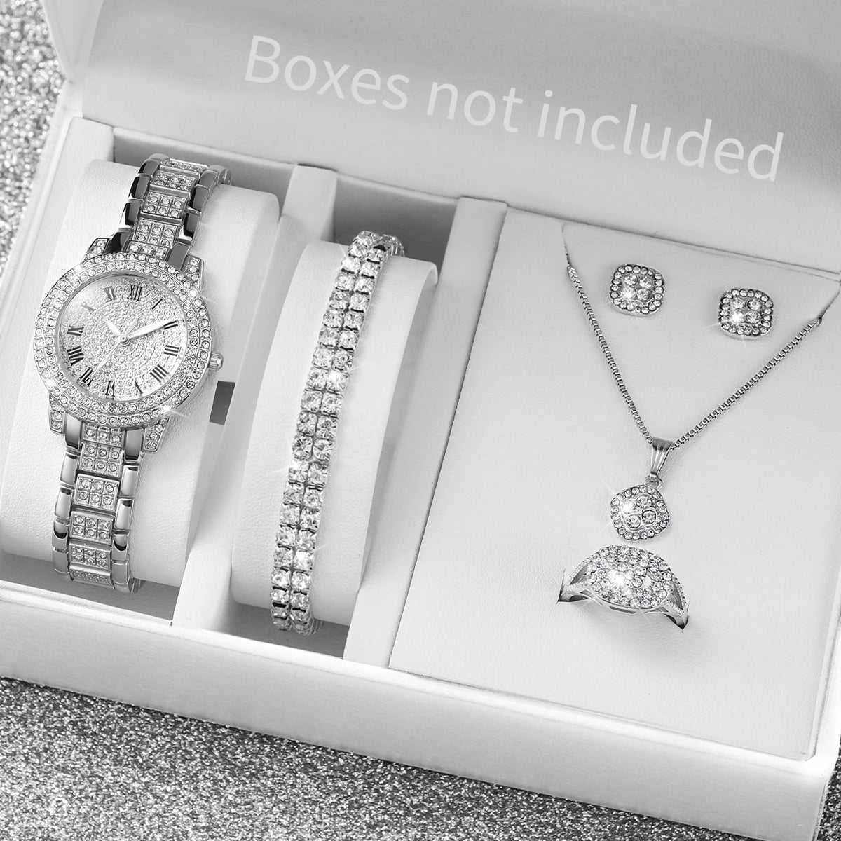Ensemble de 6 montres pour femme, montre tendance avec bracelet en acier entièrement serti de diamants, affichage analogique à quartz, ensemble de bijoux (sans boîte)