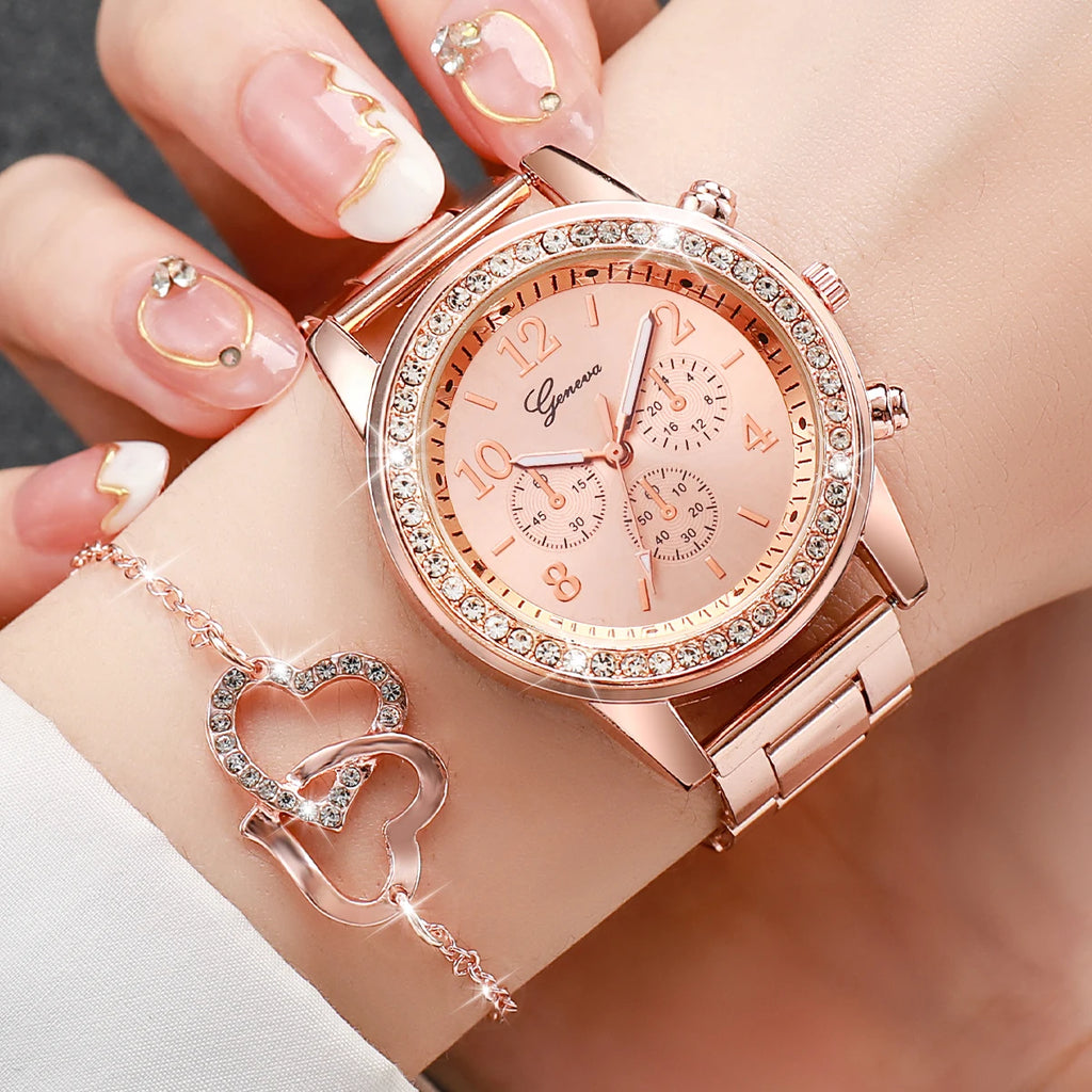 Lot de 6 pièces - Montre pour femme, mode, strass, bracelet en acier inoxydable, montre à quartz, ensemble de bijoux double cœur (sans boîte)