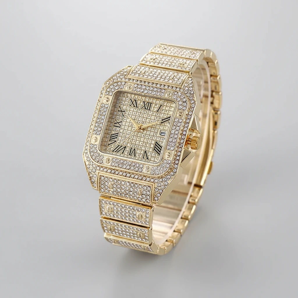 Montre Quartz Classique de Luxe pour Homme, Business, Bracelet Acier, Cadran Carré, Chiffres Romains, Strass, Montre-Bracelet Décontractée