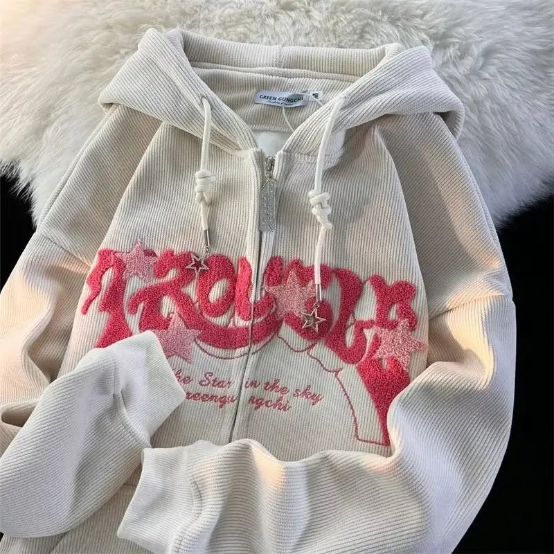 Sweat à capuche zippé brodé femme – Coupe ample, manches longues – Style Y2K Harajuku
