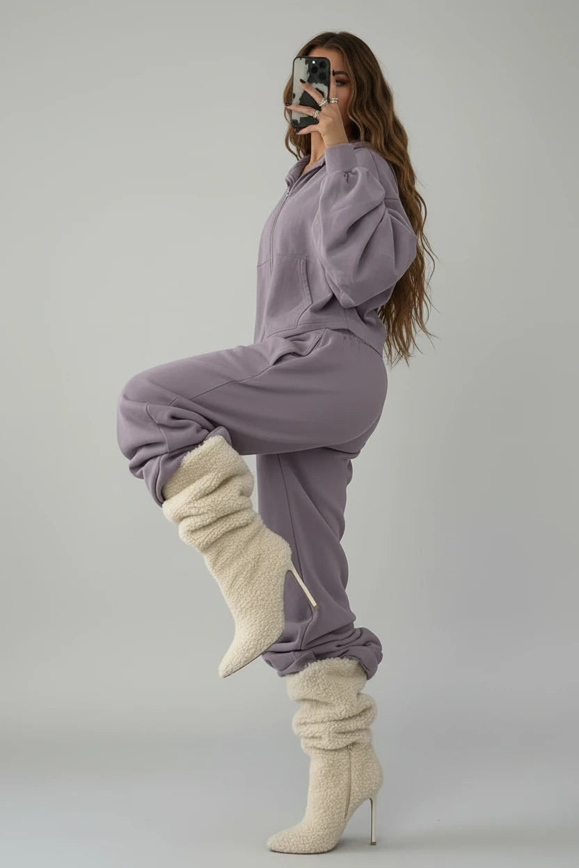 Ensemble de survêtement tricoté 2 pièces pour femme – Sweat-shirt court à capuche avec fermeture éclair et pantalon taille haute à jambes larges – Tenue décontractée ample pour l’automne 2026