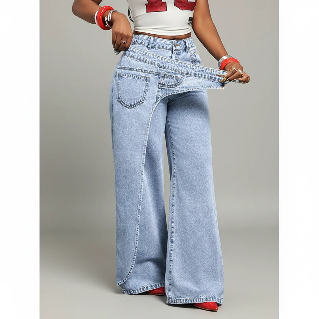 Benuynffy – Jean femme taille mi-haute 2-en-1, style streetwear tendance, inspiration vintage américaine et Y2K, polyvalent, décontracté, coupe ample et jambes larges en denim.