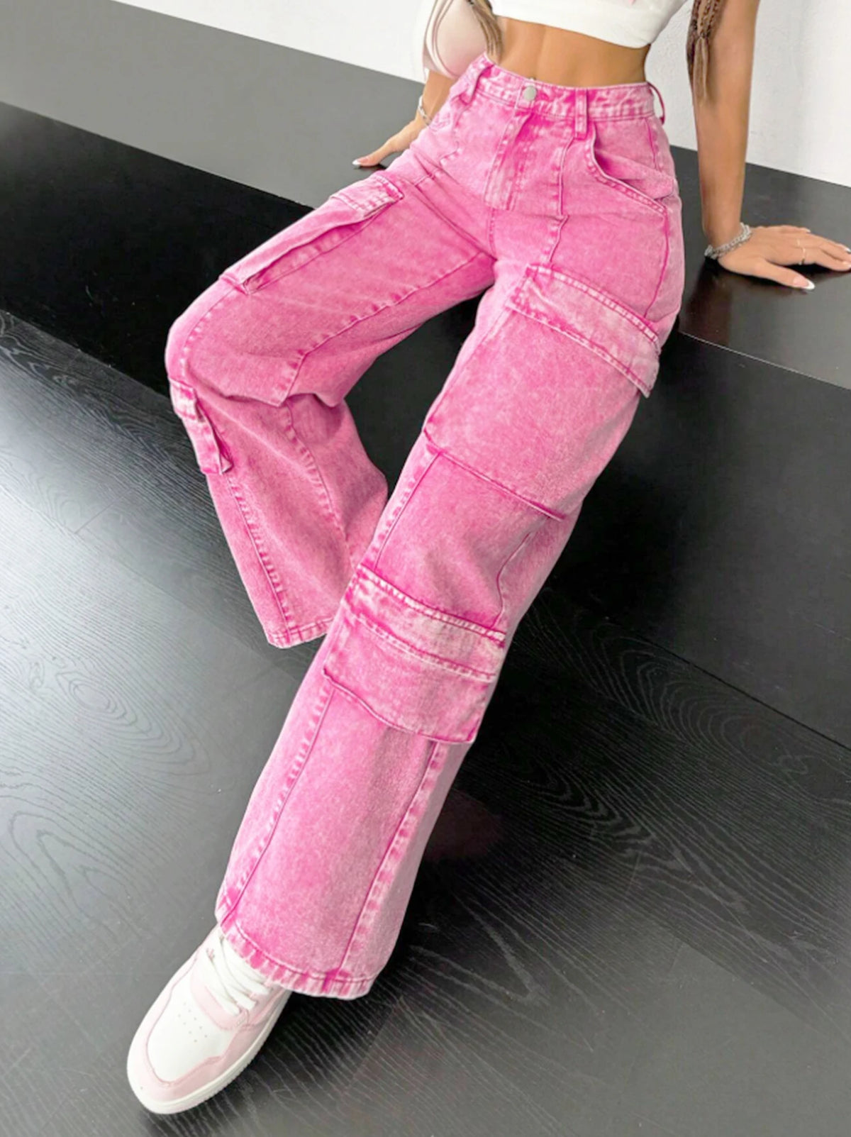 Jean rose en coton pour femme, coupe large et ample, multi-poches, style Y2K, jean tendance