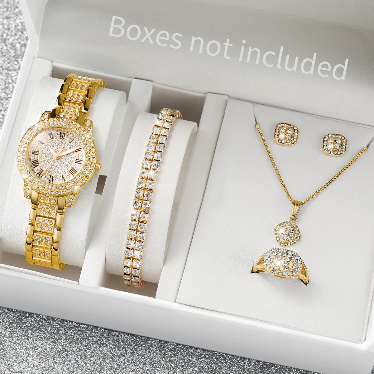 Ensemble de 6 montres pour femme, montre tendance avec bracelet en acier entièrement serti de diamants, affichage analogique à quartz, ensemble de bijoux (sans boîte)