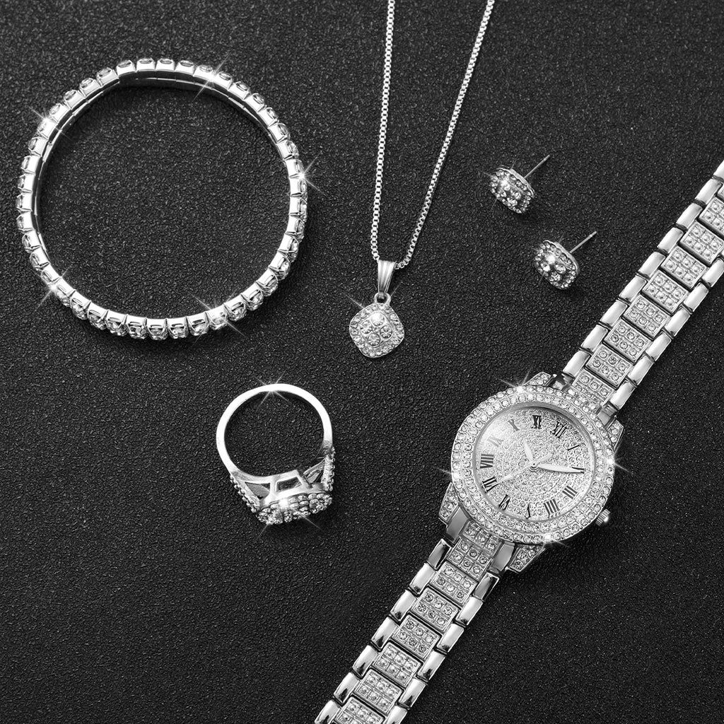 Ensemble de 6 montres pour femme, montre tendance avec bracelet en acier entièrement serti de diamants, affichage analogique à quartz, ensemble de bijoux (sans boîte)