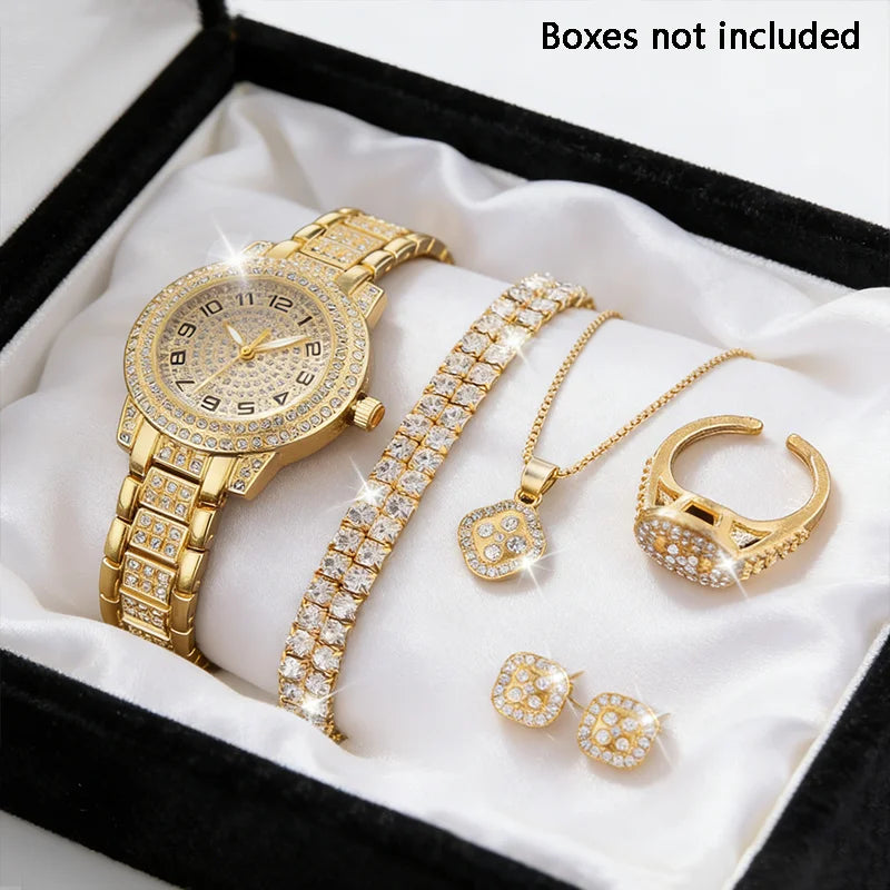 Montre femme de luxe dorée, montre-bracelet élégante à quartz avec diamants, bracelet tendance pour femme, ensemble de montres pour femme