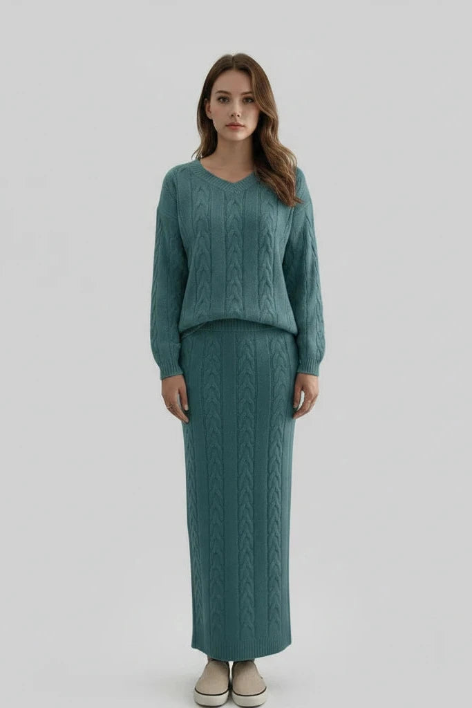 Ensemble chandail femme
Automne et hiver deux
Ensemble de pièces Hauts pull en tricot à col en O pour femmes et ensemble jupe en tricot Ensemble de robe chaude décontractée uni