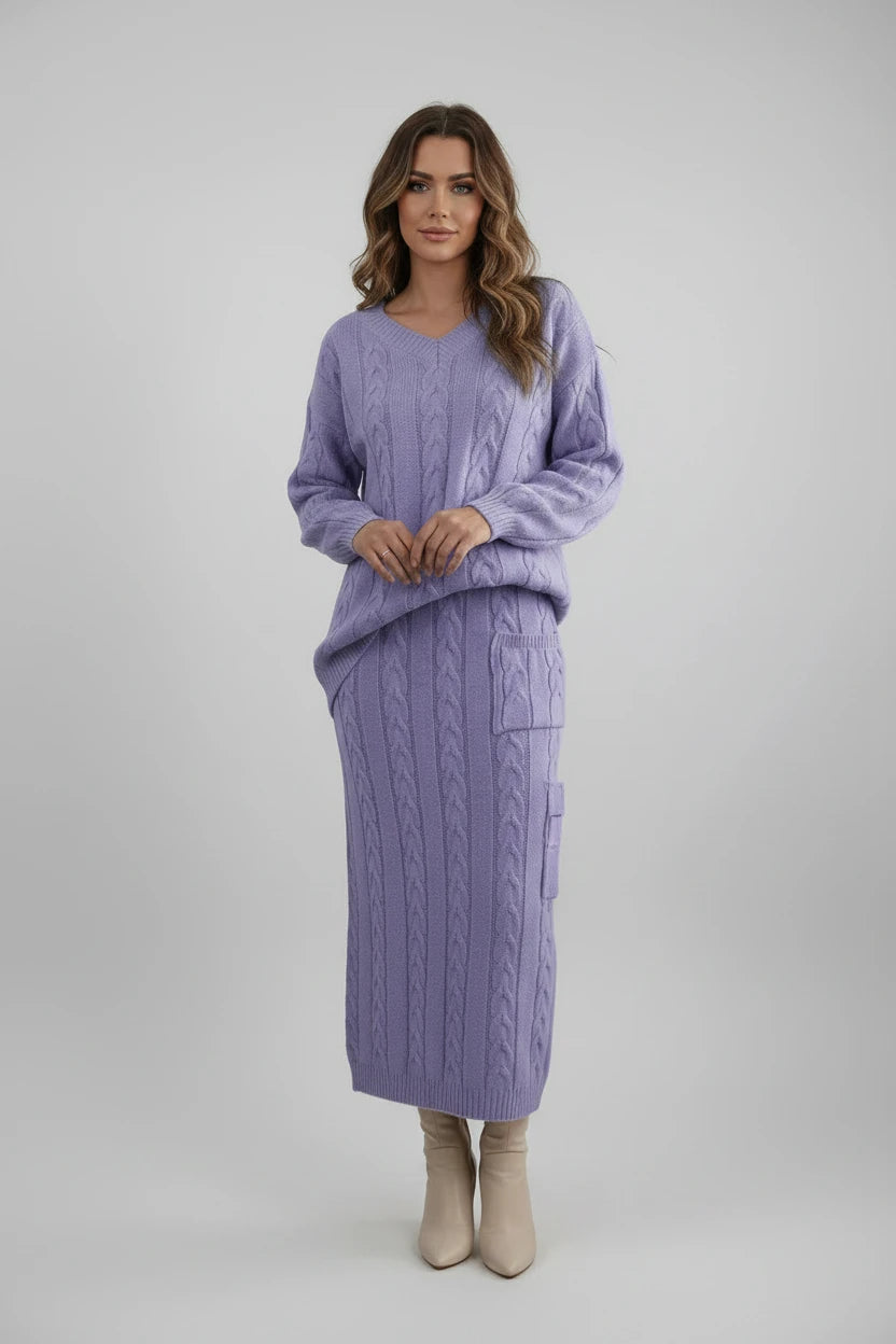 Ensemble chandail femme
Automne et hiver deux
Ensemble de pièces Hauts pull en tricot à col en O pour femmes et ensemble jupe en tricot Ensemble de robe chaude décontractée uni